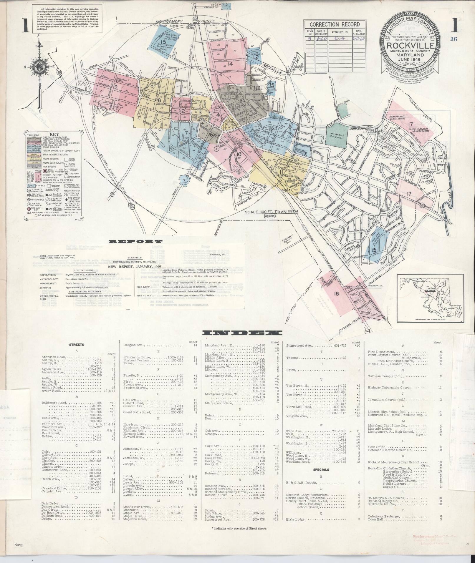 Sanborn Fire Insurance Map from Rockville, Montgomery County, Maryland (1960), Sheet #0001 - Complete Map Set gallery image, historic Sanborn map, vintage wall art, Maryland Maryland