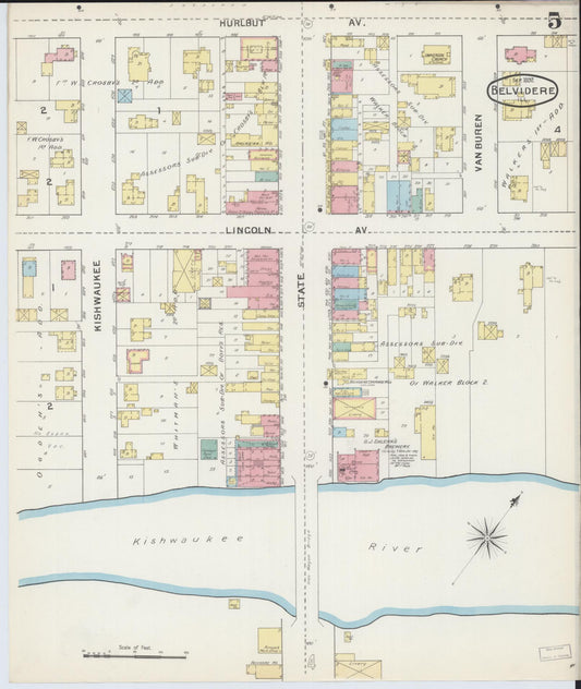 Sanborn Fire Insurance Map from Belvidere, Boone County, Illinois (1892), Sheet #0005 - Historic Sanborn Fire Insurance Map Print, vintage old map wall art, antique decor, genealogy gift, Illinois Illinois map