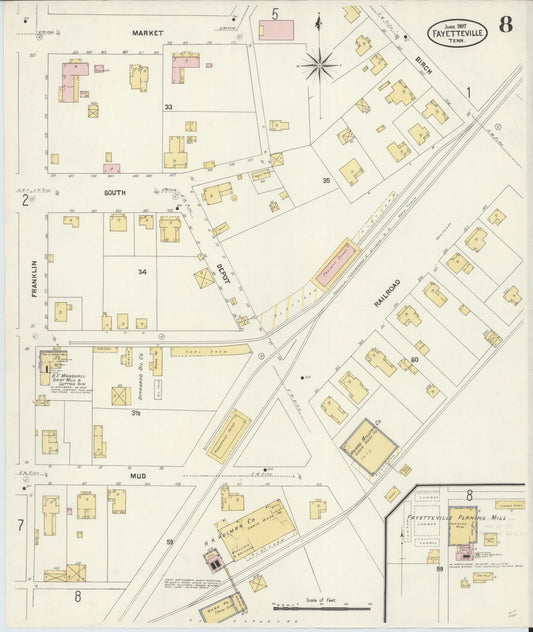 Sanborn Fire Insurance Map from Fayetteville, Lincoln County, Tennessee (1907), Sheet #0008 - Historic Sanborn Fire Insurance Map Print, vintage old map wall art, antique decor, genealogy gift, Tennessee Tennessee map