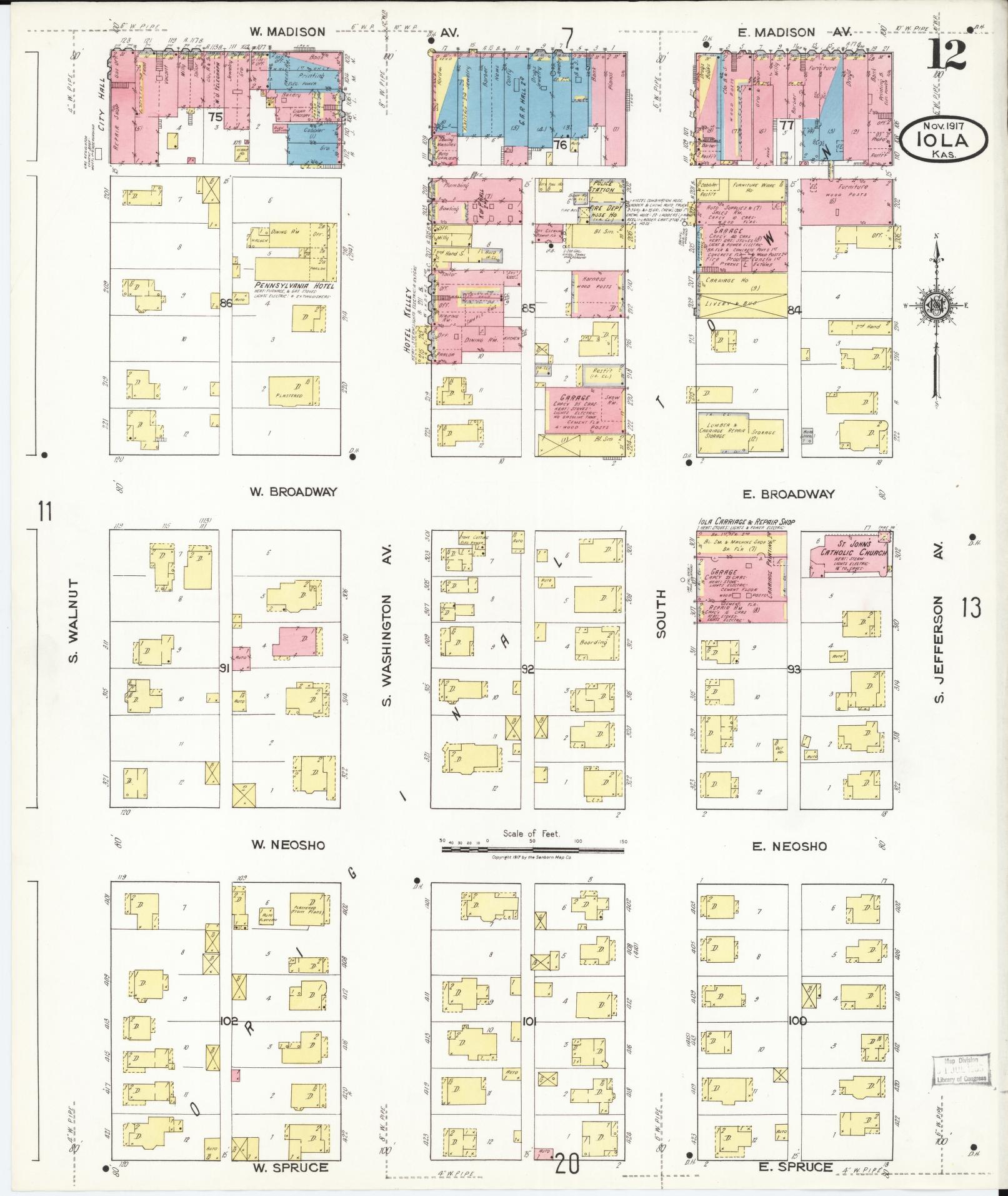 Sanborn Fire Insurance Map from Iola, Allen County, Kansas (1917), Sheet #0012 - Historic Sanborn Fire Insurance Map Print, vintage old map wall art, antique decor, genealogy gift, Kansas Kansas map