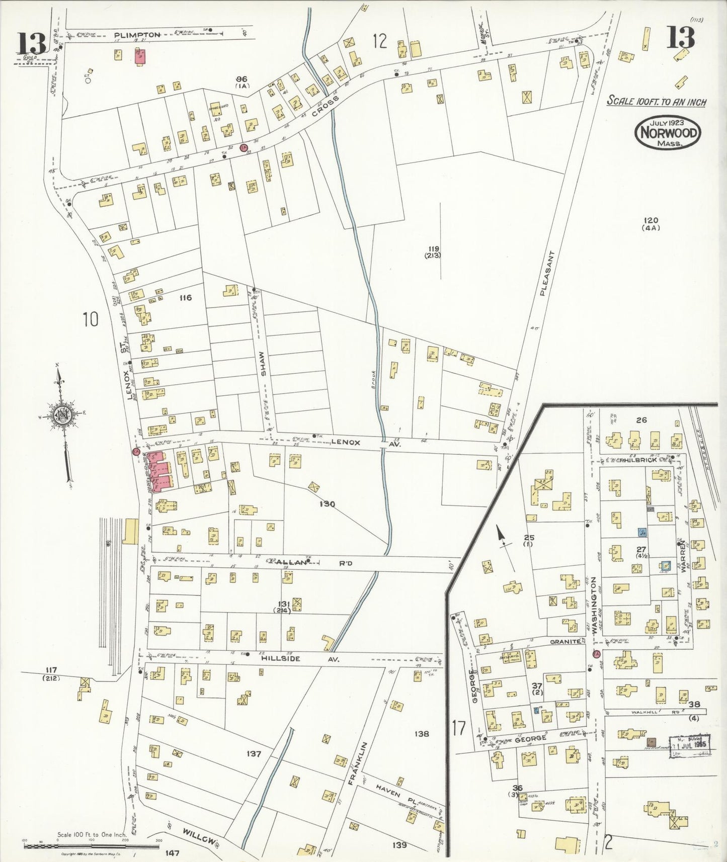 Sanborn Fire Insurance Map from Norwood, Norfolk County, Massachusetts (1923), Sheet #0013 - Historic Sanborn Fire Insurance Map Print, vintage old map wall art, antique decor, genealogy gift, Massachusetts Massachusetts map