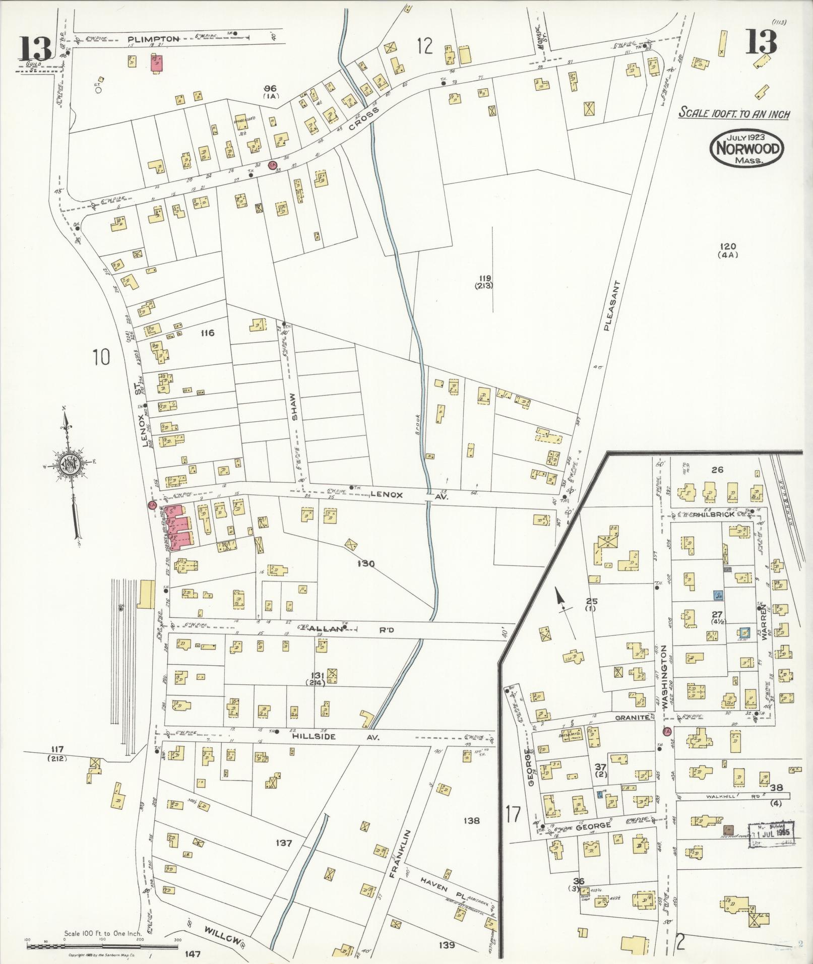 Sanborn Fire Insurance Map from Norwood, Norfolk County, Massachusetts (1923), Sheet #0013 - Historic Sanborn Fire Insurance Map Print, vintage old map wall art, antique decor, genealogy gift, Massachusetts Massachusetts map