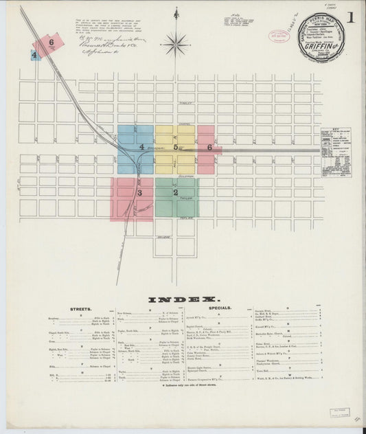 Sanborn Fire Insurance Map from Griffin, Spalding County, Georgia (1890), Sheet #0001 - Historic Sanborn Fire Insurance Map Print, vintage old map wall art, antique decor, genealogy gift, Georgia Georgia map