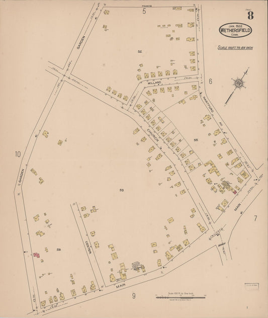 Sanborn Fire Insurance Map from Wethersfield, Hartford County, Connecticut (1922), Sheet #0008 - Historic Sanborn Fire Insurance Map Print, vintage old map wall art, antique decor, genealogy gift, Connecticut Connecticut map