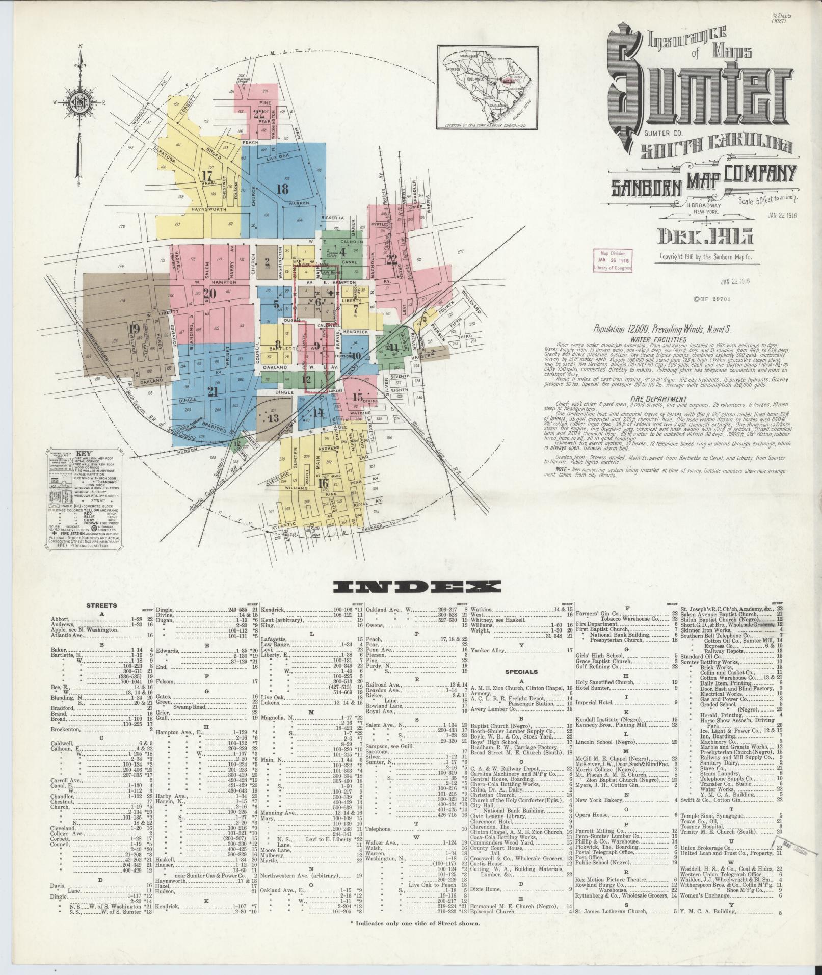 Sanborn Fire Insurance Map from Sumter, Sumter County, South Carolina (1915), Sheet #0001 - Historic Sanborn Fire Insurance Map Print, vintage old map wall art, antique decor, genealogy gift, South Carolina South Carolina map