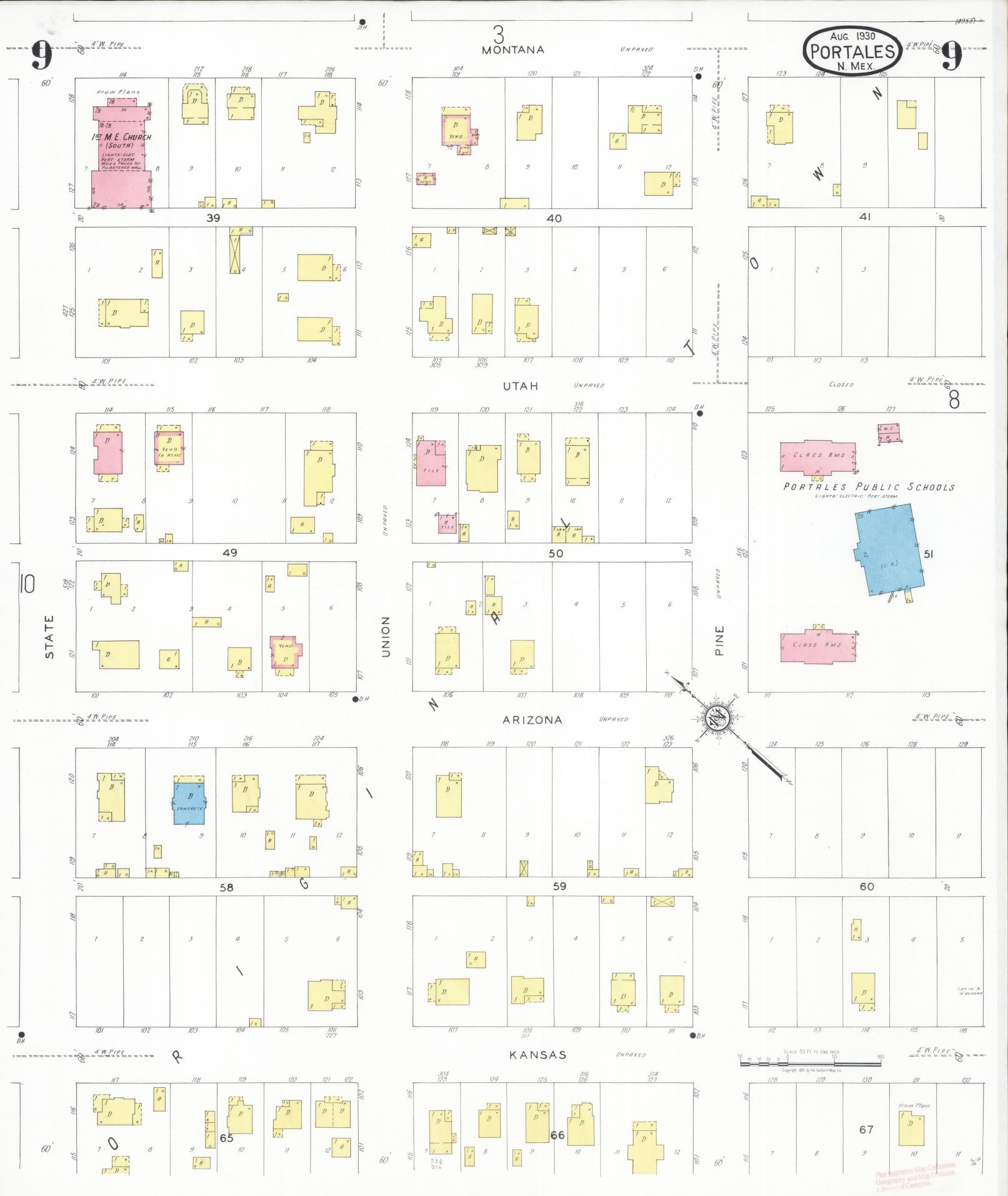 Sanborn Fire Insurance Map from Portales, Roosevelt County, New Mexico (1930), Sheet #0009 - Complete Map Set gallery image, historic Sanborn map, vintage wall art, New Mexico New Mexico