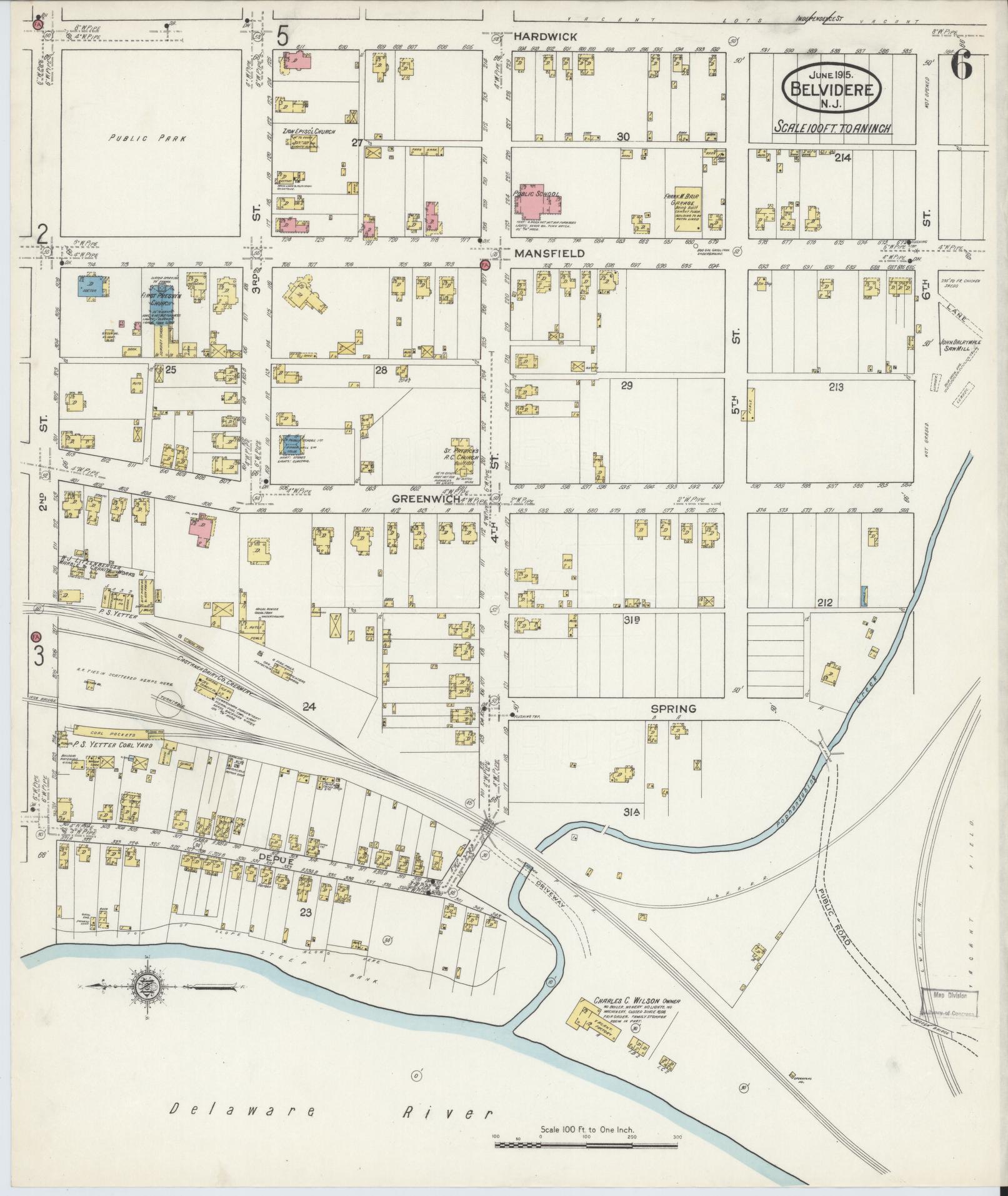 Sanborn Fire Insurance Map from Belvidere, Warren County, New Jersey (1915), Sheet #0006 - Historic Sanborn Fire Insurance Map Print, vintage old map wall art, antique decor, genealogy gift, Pennsylvania Pennsylvania map