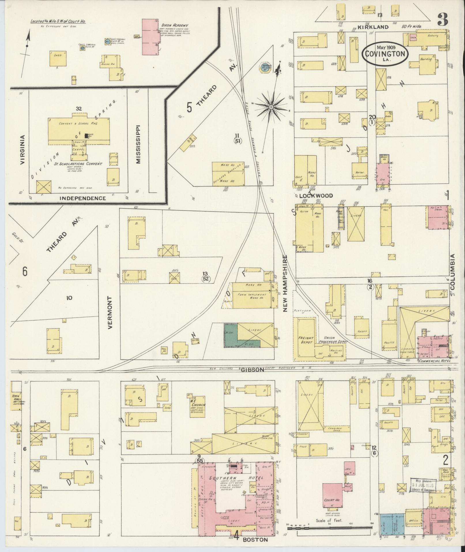 Sanborn Fire Insurance Map from Covington, Saint Tammany Parish, Louisiana (1909), Sheet #0003 - Historic Sanborn Fire Insurance Map Print, vintage old map wall art, antique decor, genealogy gift, Louisiana Louisiana map