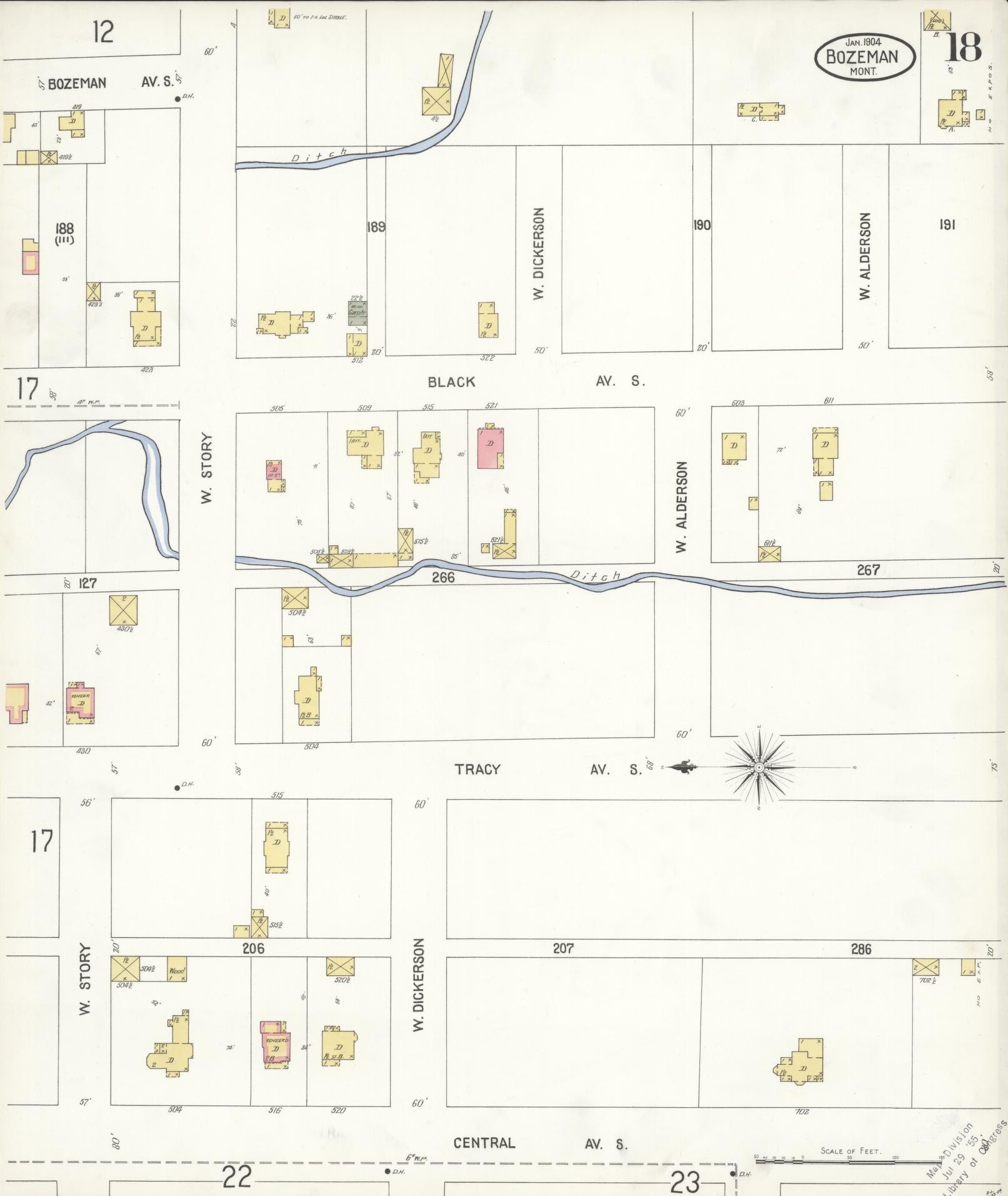 Sanborn Fire Insurance Map from Bozeman, Gallatin County, Montana (1904), Sheet #0018 - Historic Sanborn Fire Insurance Map Print, vintage old map wall art, antique decor, genealogy gift, Montana Montana map