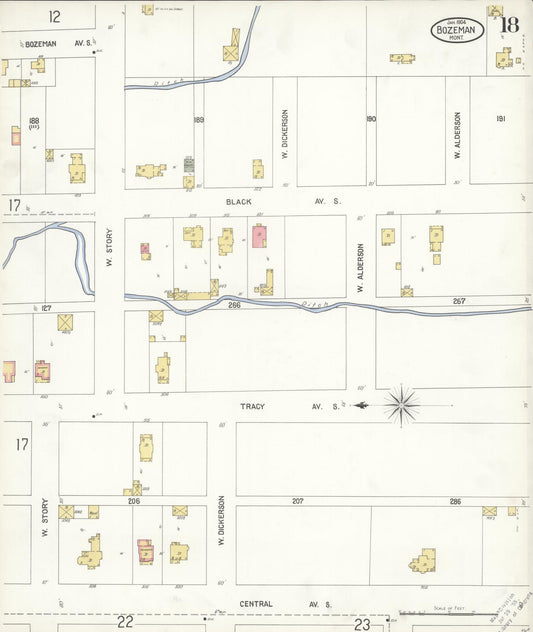 Sanborn Fire Insurance Map from Bozeman, Gallatin County, Montana (1904), Sheet #0018 - Historic Sanborn Fire Insurance Map Print, vintage old map wall art, antique decor, genealogy gift, Montana Montana map