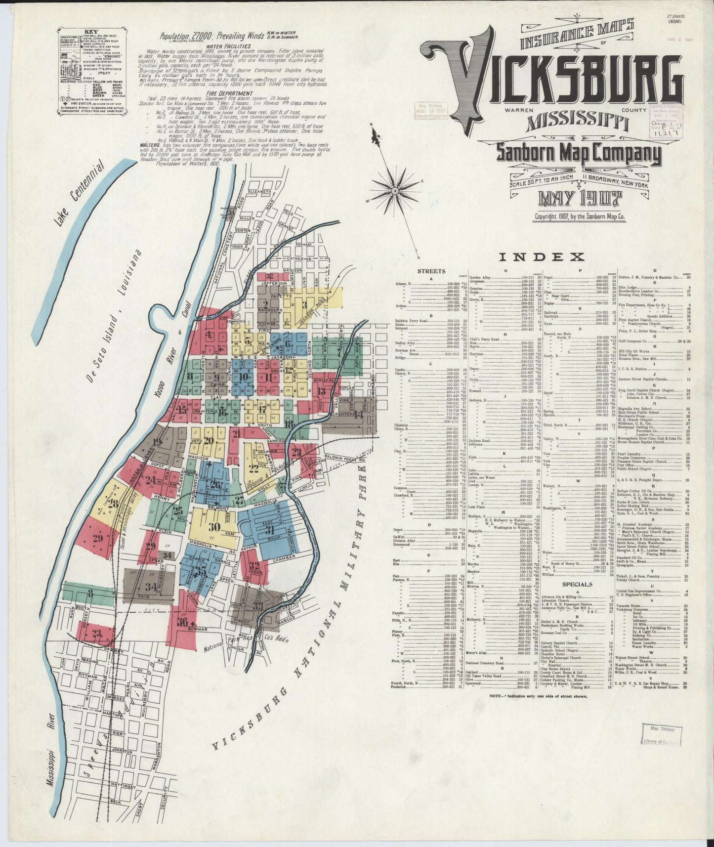 Sanborn Fire Insurance Map from Vicksburg, Warren County, Mississippi (1907), Sheet #0001 - Historic Sanborn Fire Insurance Map Print, vintage old map wall art, antique decor, genealogy gift, Mississippi Mississippi map