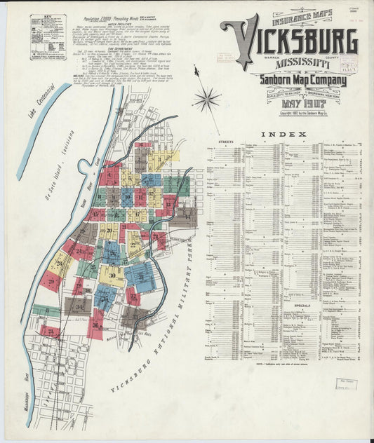 Sanborn Fire Insurance Map from Vicksburg, Warren County, Mississippi (1907), Sheet #0001 - Historic Sanborn Fire Insurance Map Print, vintage old map wall art, antique decor, genealogy gift, Mississippi Mississippi map