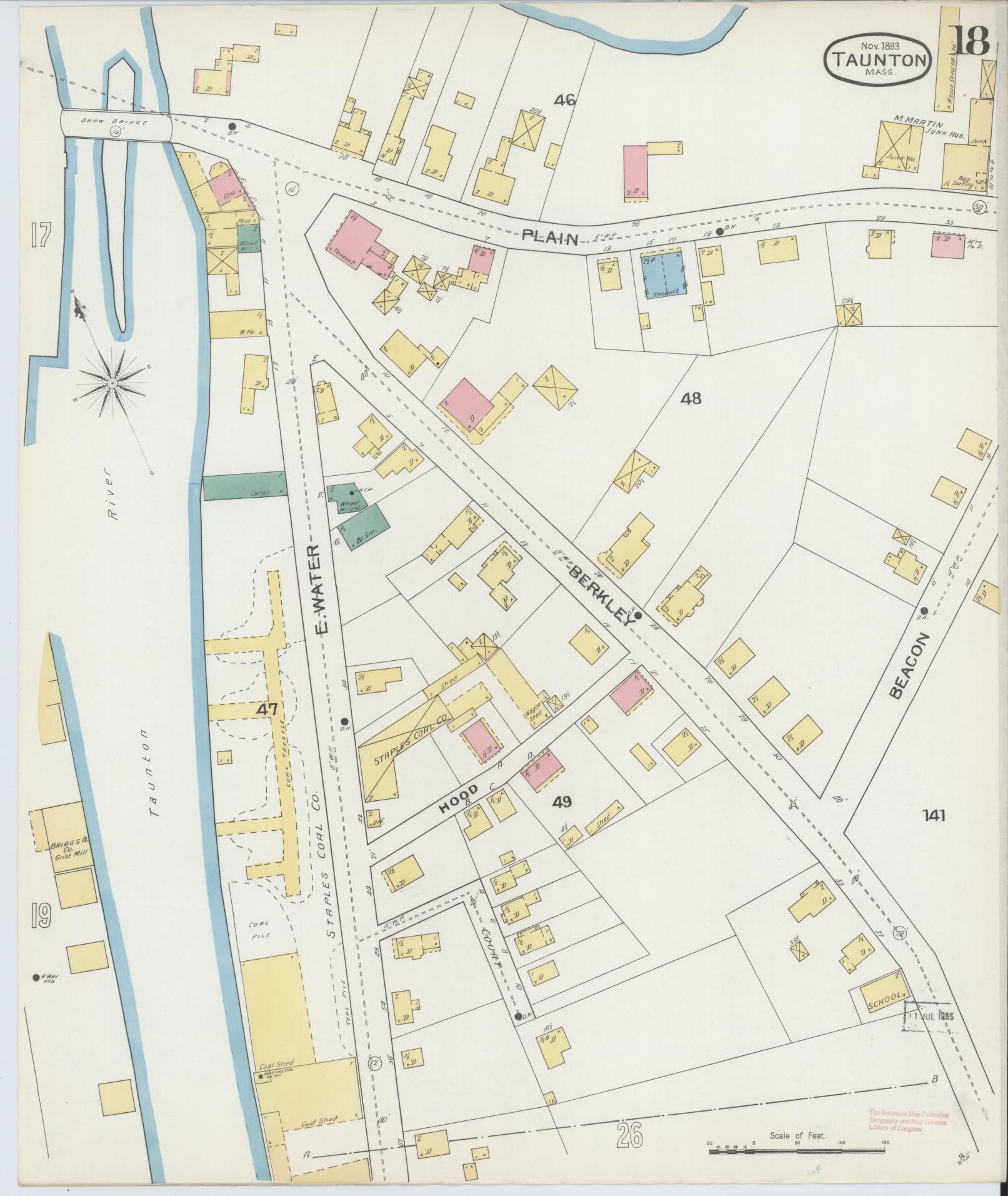Sanborn Fire Insurance Map from Taunton, Bristol County, Massachusetts (1893), Sheet #0018 - Complete Map Set gallery image, historic Sanborn map, vintage wall art, Massachusetts Massachusetts