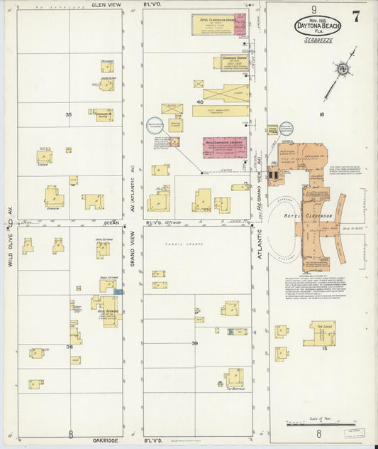 Sanborn Fire Insurance Map from Daytona Beach, Volusia County, Florida (1916), Sheet #0007 - Historic Sanborn Fire Insurance Map Print, vintage old map wall art, antique decor, genealogy gift, Florida Florida map