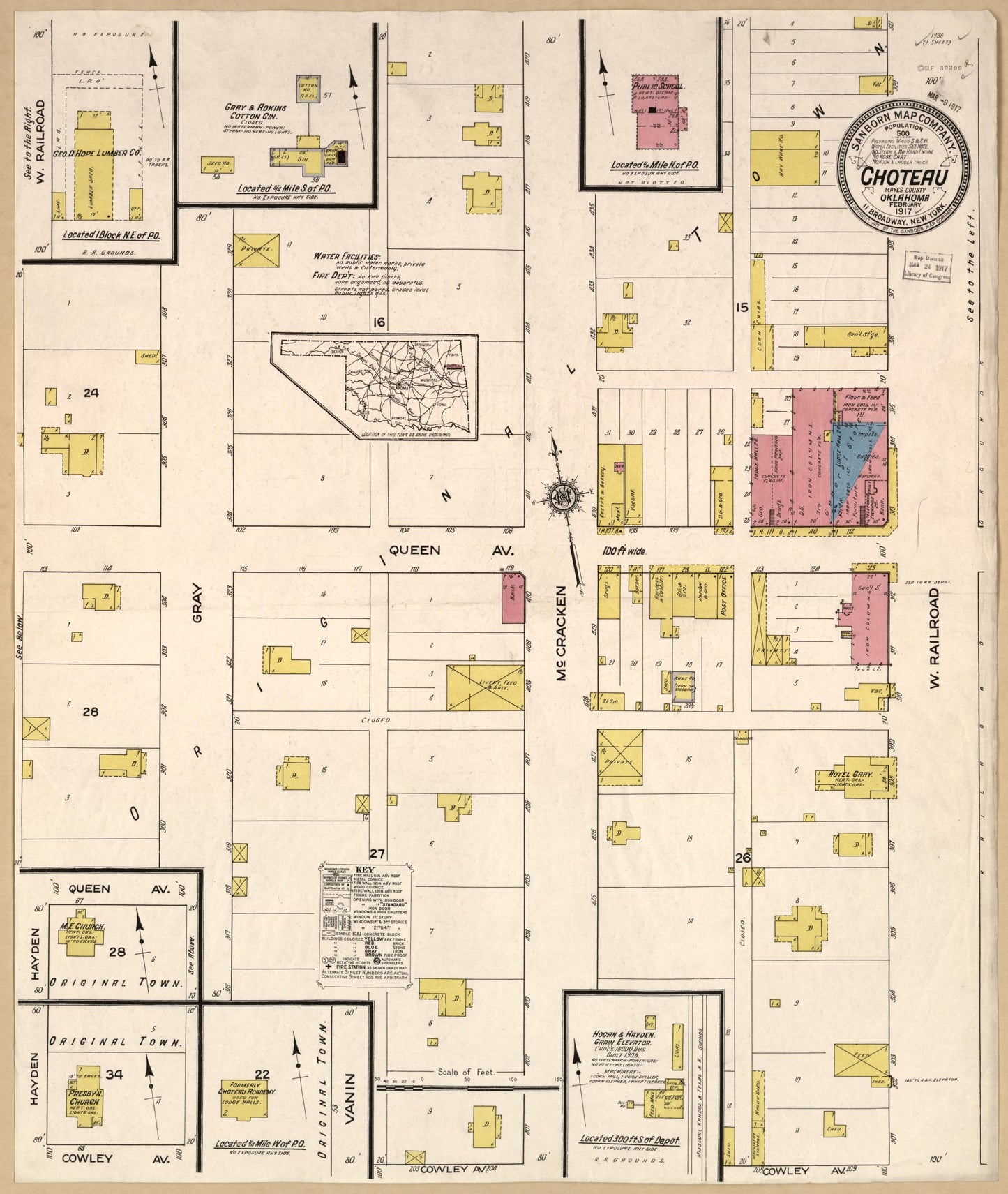 Sanborn Fire Insurance Map from Choteau, Mayes County, Oklahoma (1917), Sheet #0001 - Complete Map Set gallery image, historic Sanborn map, vintage wall art, Oklahoma Oklahoma