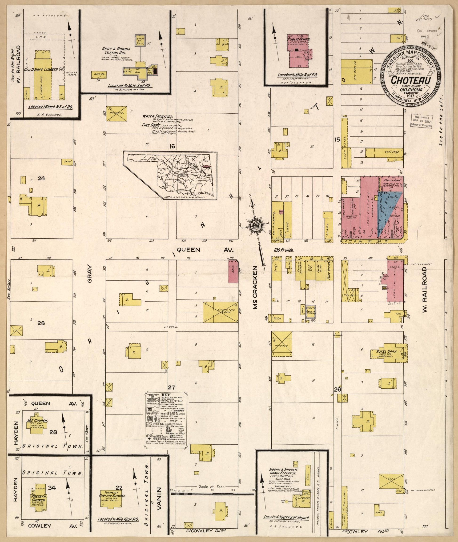 Sanborn Fire Insurance Map from Choteau, Mayes County, Oklahoma (1917), Sheet #0001 - Complete Map Set gallery image, historic Sanborn map, vintage wall art, Oklahoma Oklahoma