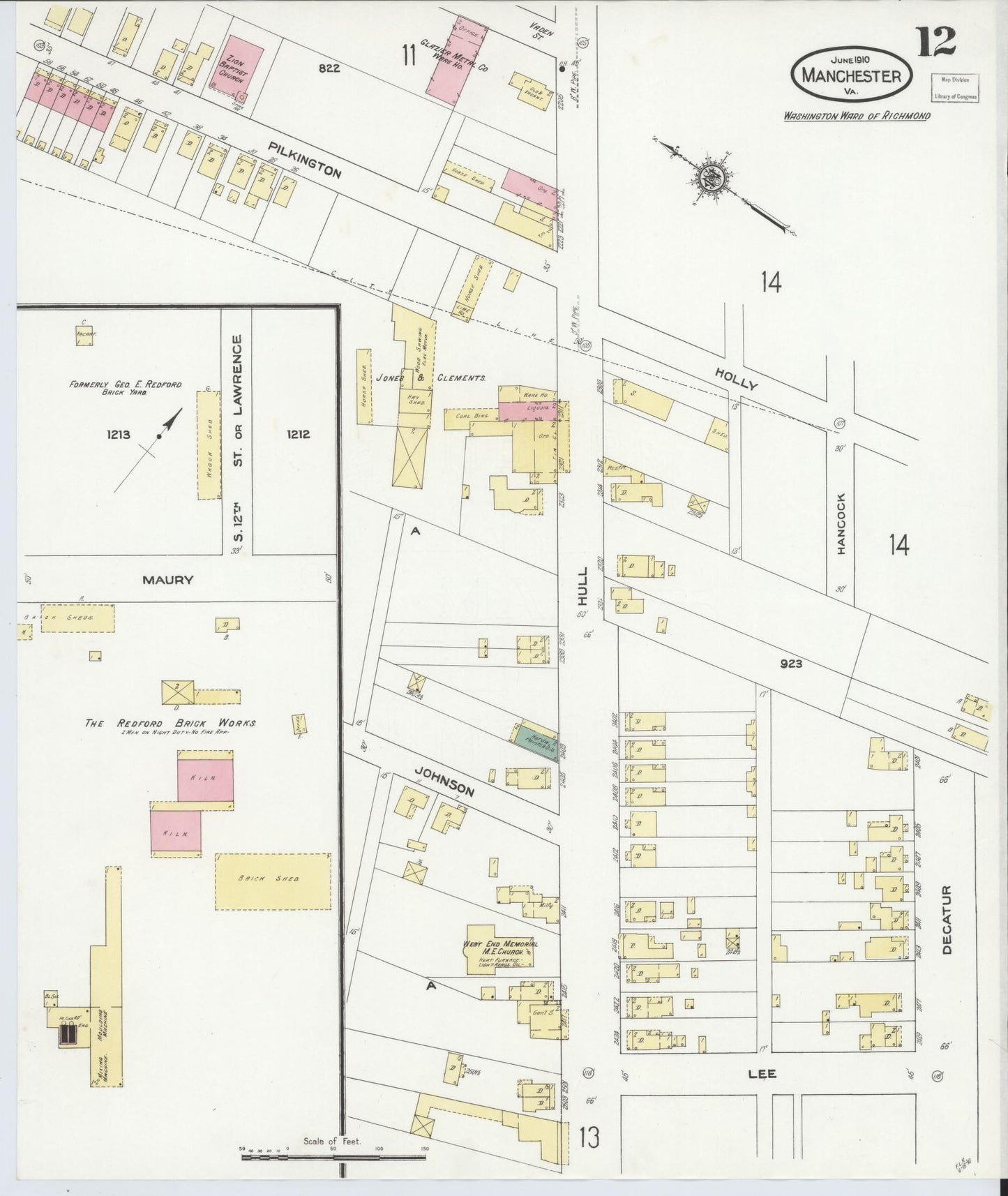 Sanborn Fire Insurance Map from Manchester, Chesterfield County, Virginia. (1910), Sheet 12 – Historic Sanborn Fire Insurance Map Print
