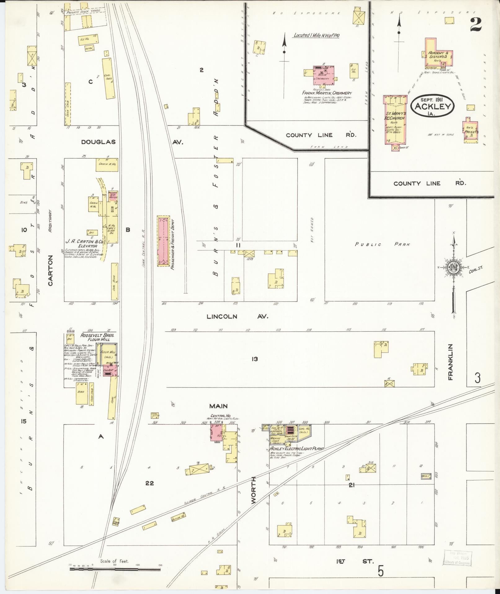 Sanborn Fire Insurance Map from Ackley, Hardin and Franklin Counties, Iowa (1911), Sheet #0002 - Historic Sanborn Fire Insurance Map Print, vintage old map wall art
