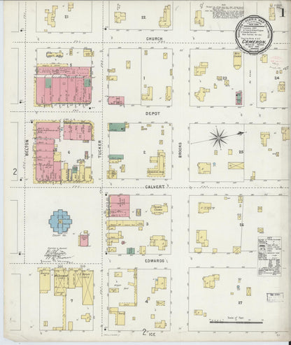 Sanborn Fire Insurance Map from Cameron, Milam County, Texas (1896), Sheet #0001 - Historic Sanborn Fire Insurance Map Print, vintage old map wall art, antique decor, genealogy gift, Texas Texas map