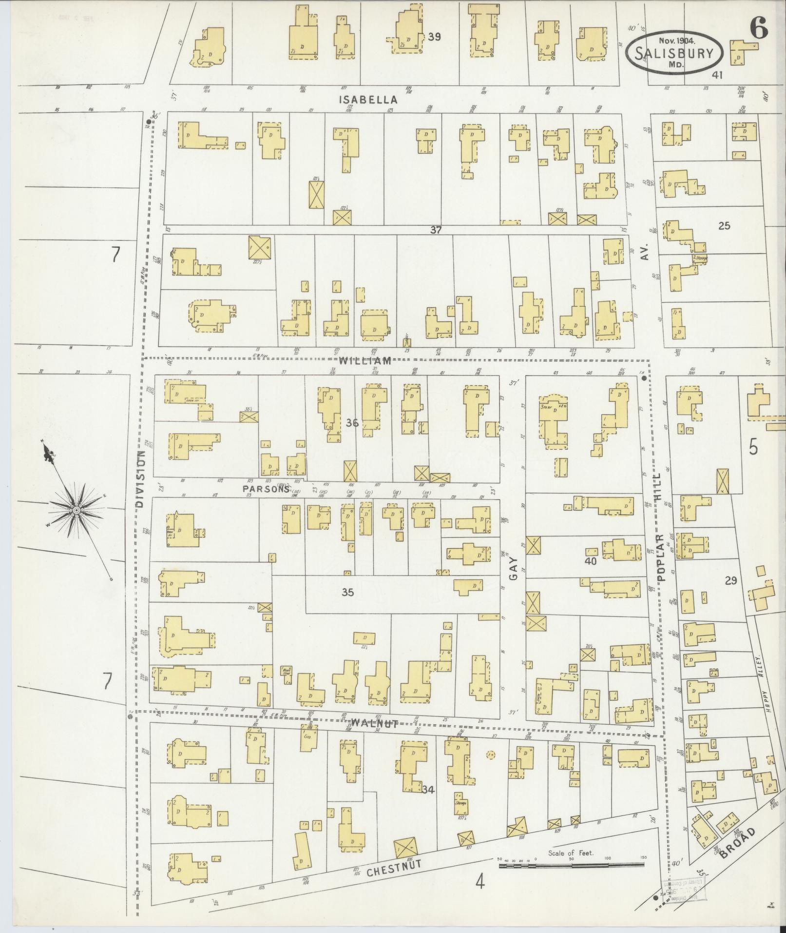 Sanborn Fire Insurance Map from Salisbury, Wicomico County, Maryland (1904), Sheet #0006 - Historic Sanborn Fire Insurance Map Print, vintage old map wall art, antique decor, genealogy gift, Maryland Maryland map