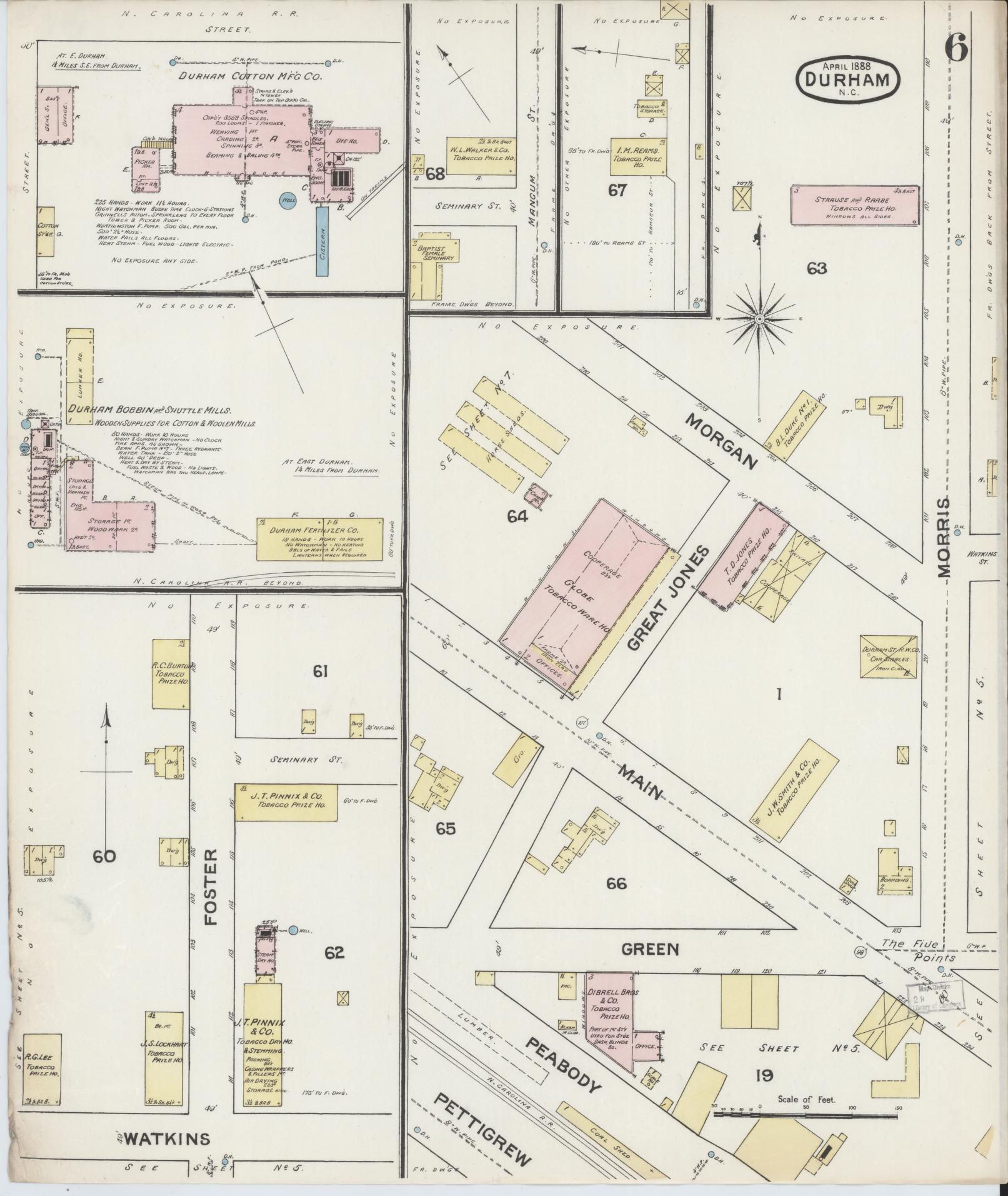 Sanborn Fire Insurance Map from Durham, Durham County, North Carolina (1888), Sheet #0006 - Historic Sanborn Fire Insurance Map Print, vintage old map wall art, antique decor, genealogy gift, North Carolina North Carolina map