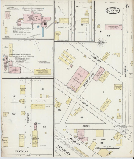 Sanborn Fire Insurance Map from Durham, Durham County, North Carolina (1888), Sheet #0006 - Historic Sanborn Fire Insurance Map Print, vintage old map wall art, antique decor, genealogy gift, North Carolina North Carolina map