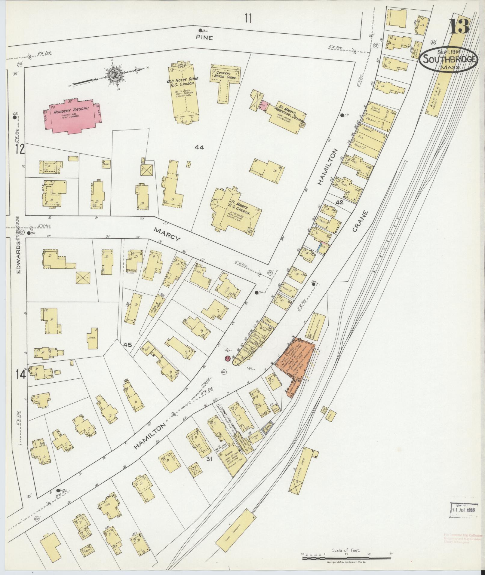 Sanborn Fire Insurance Map from Southbridge, Worcester County, Massachusetts (1918), Sheet #0013 - Historic Sanborn Fire Insurance Map Print, vintage old map wall art, antique decor, genealogy gift, Massachusetts Massachusetts map