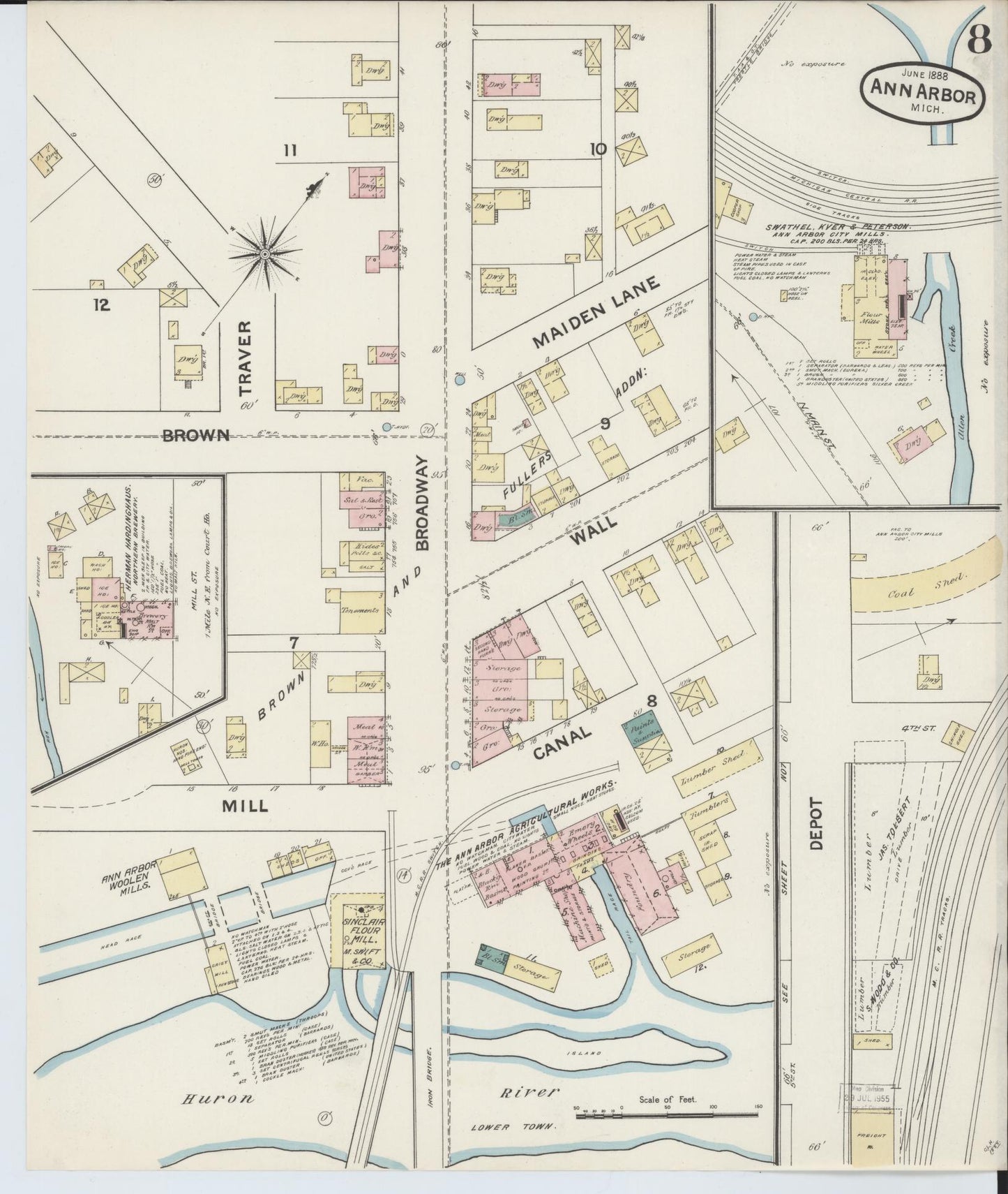 Sanborn Fire Insurance Map from Ann Arbor, Washtenaw County, Michigan (1888), Sheet #0008 - Complete Map Set gallery image, historic Sanborn map, vintage wall art, Michigan Michigan