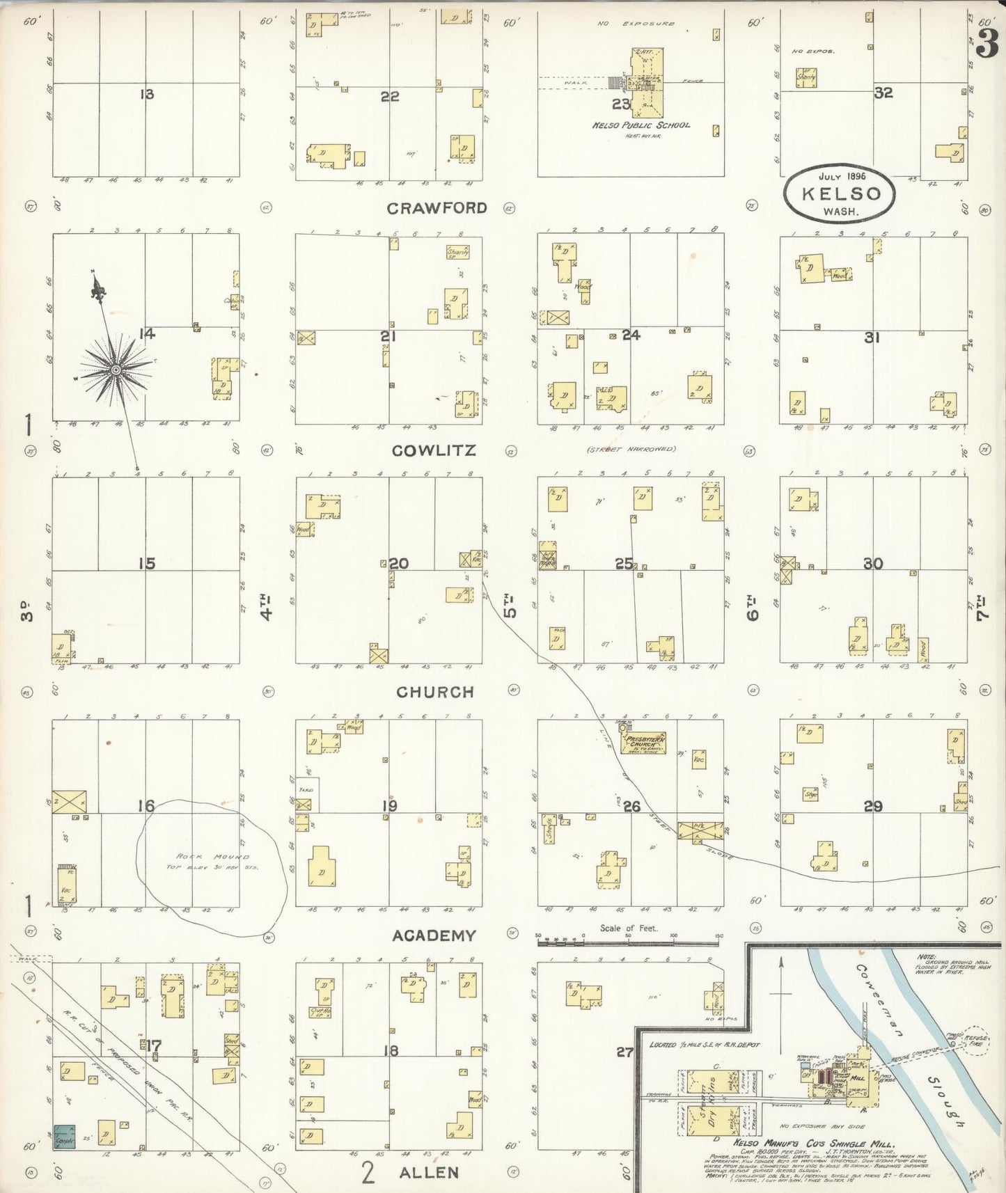 Sanborn Fire Insurance Map from Kelso, Cowlitz County, Washington (1896), Sheet #0003 - Historic Sanborn Fire Insurance Map Print, vintage old map wall art, antique decor, genealogy gift, Washington Washington map