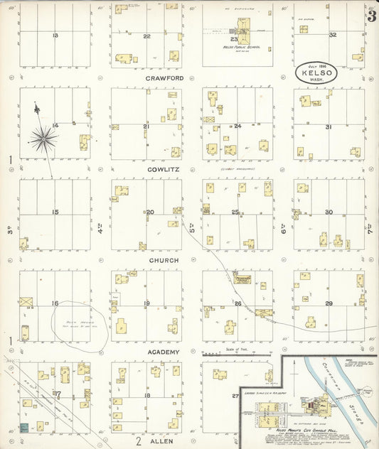 Sanborn Fire Insurance Map from Kelso, Cowlitz County, Washington (1896), Sheet #0003 - Historic Sanborn Fire Insurance Map Print, vintage old map wall art, antique decor, genealogy gift, Washington Washington map