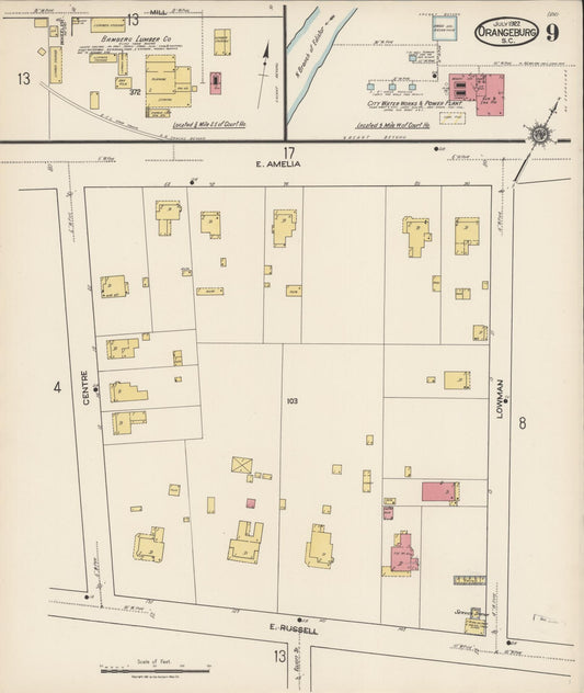 Sanborn Fire Insurance Map from Orangeburg, Orangeburg County, South Carolina (1922), Sheet #0009 - Historic Sanborn Fire Insurance Map Print, vintage old map wall art, antique decor, genealogy gift, South Carolina South Carolina map