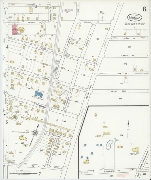 Sanborn Fire Insurance Map from Mineola, Nassau County, New York (1917), Sheet #0008 - Historic Sanborn Fire Insurance Map Print, vintage old map wall art, antique decor, genealogy gift, New York New York map