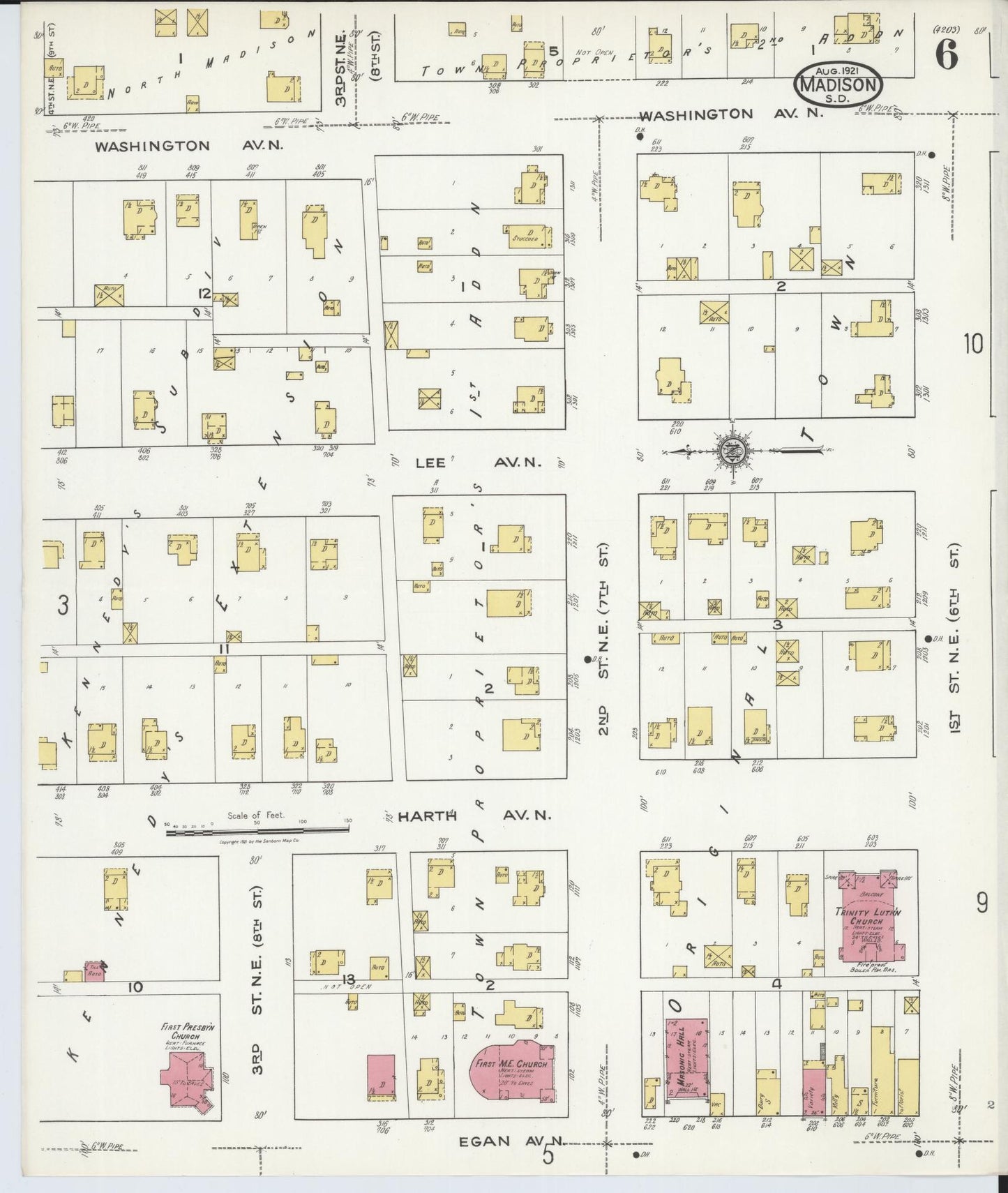 Sanborn Fire Insurance Map from Madison, Lake County, South Dakota (1921), Sheet #0006 - Historic Sanborn Fire Insurance Map Print, vintage old map wall art, antique decor, genealogy gift, South Dakota South Dakota map