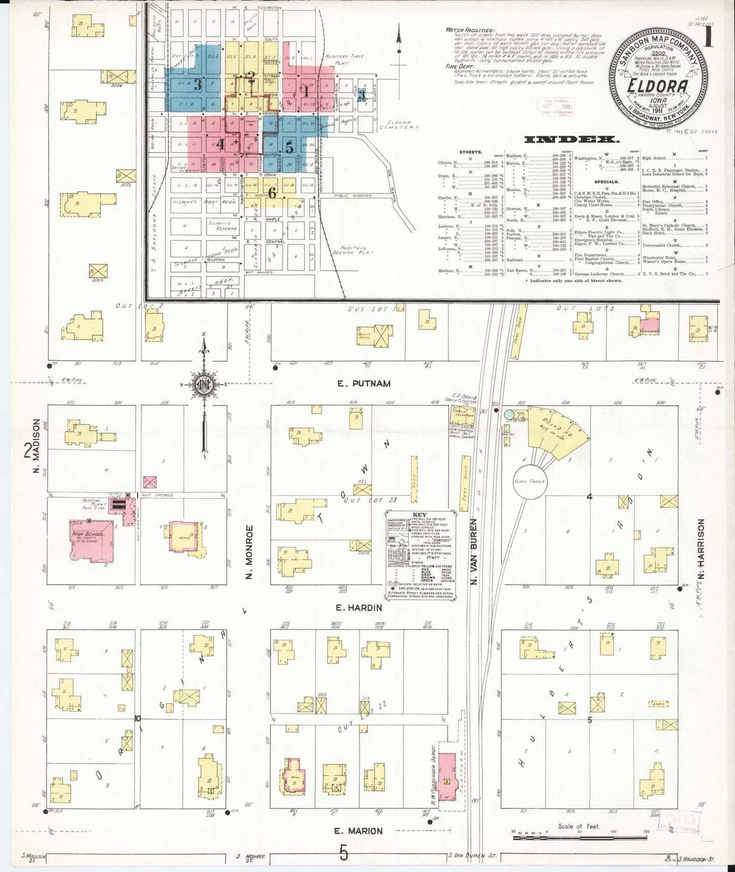Sanborn Fire Insurance Map from Eldora, Hardin County, Iowa (1911), Sheet #0001 - Historic Sanborn Fire Insurance Map Print, vintage old map wall art