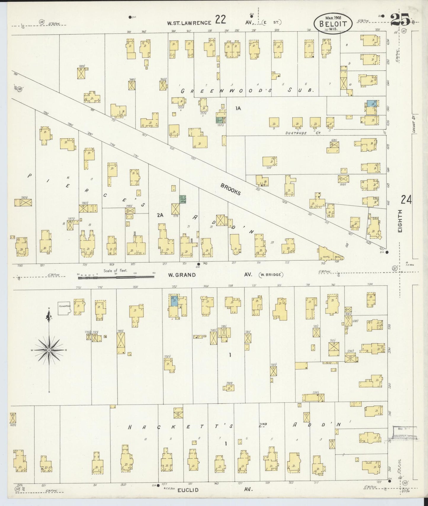 Sanborn Fire Insurance Map from Beloit, Rock County, Wisconsin (1908), Sheet #0025 - Historic Sanborn Fire Insurance Map Print, vintage old map wall art, antique decor, genealogy gift, Wisconsin Wisconsin map
