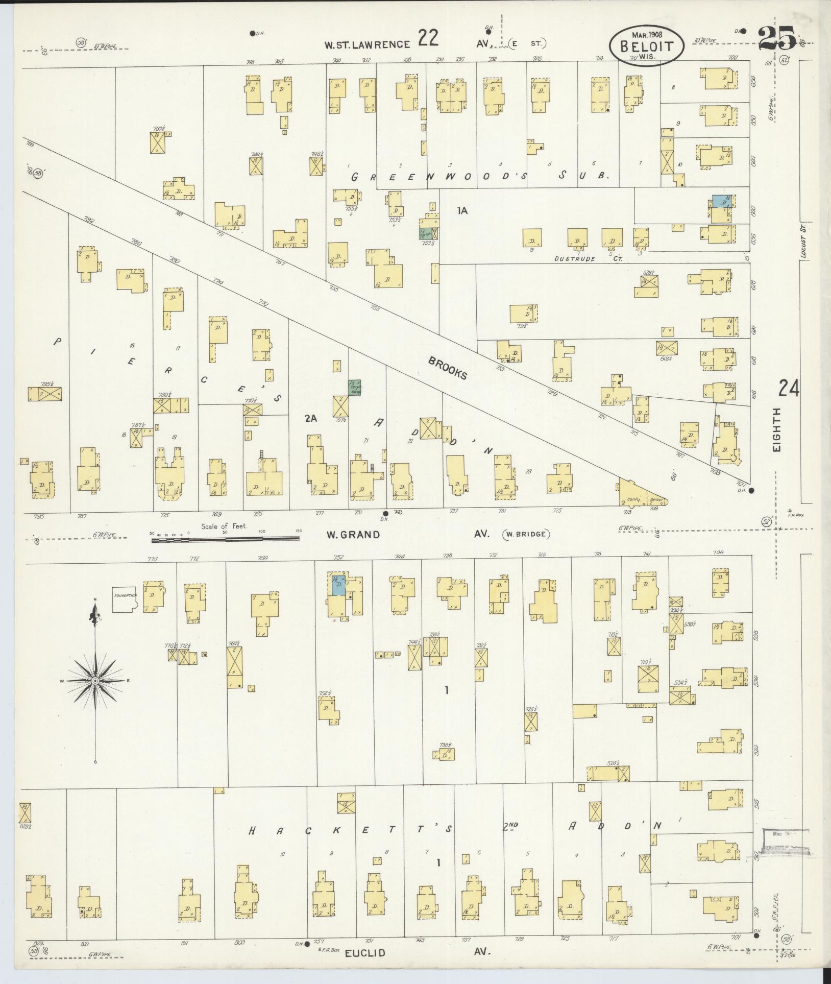 Sanborn Fire Insurance Map from Beloit, Rock County, Wisconsin (1908), Sheet #0025 - Historic Sanborn Fire Insurance Map Print, vintage old map wall art, antique decor, genealogy gift, Wisconsin Wisconsin map
