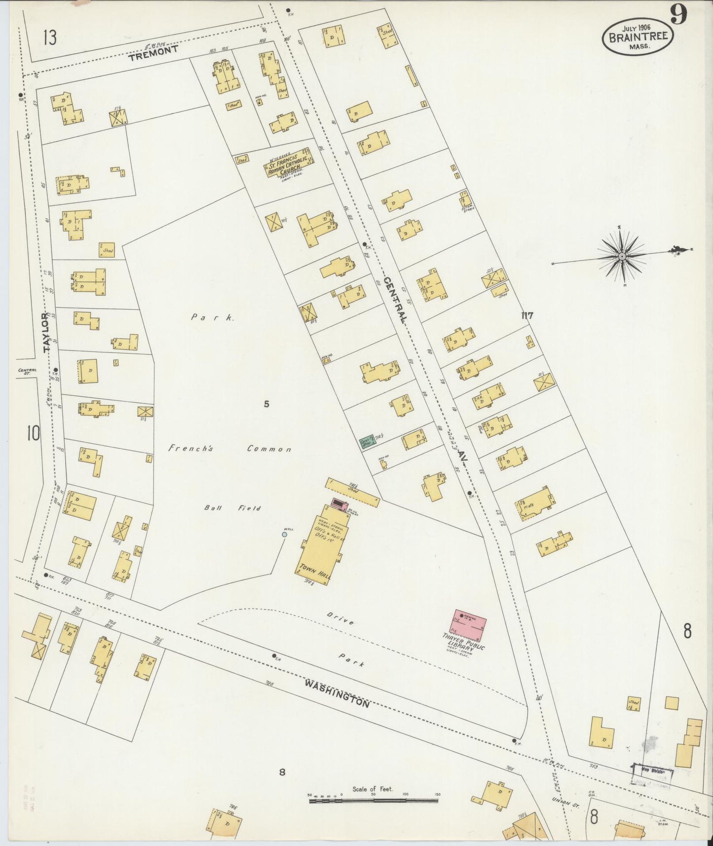 Sanborn Fire Insurance Map from Braintree, Norfolk County, Massachusetts (1906), Sheet #0009 - Historic Sanborn Fire Insurance Map Print, vintage old map wall art, antique decor, genealogy gift, Massachusetts Massachusetts map