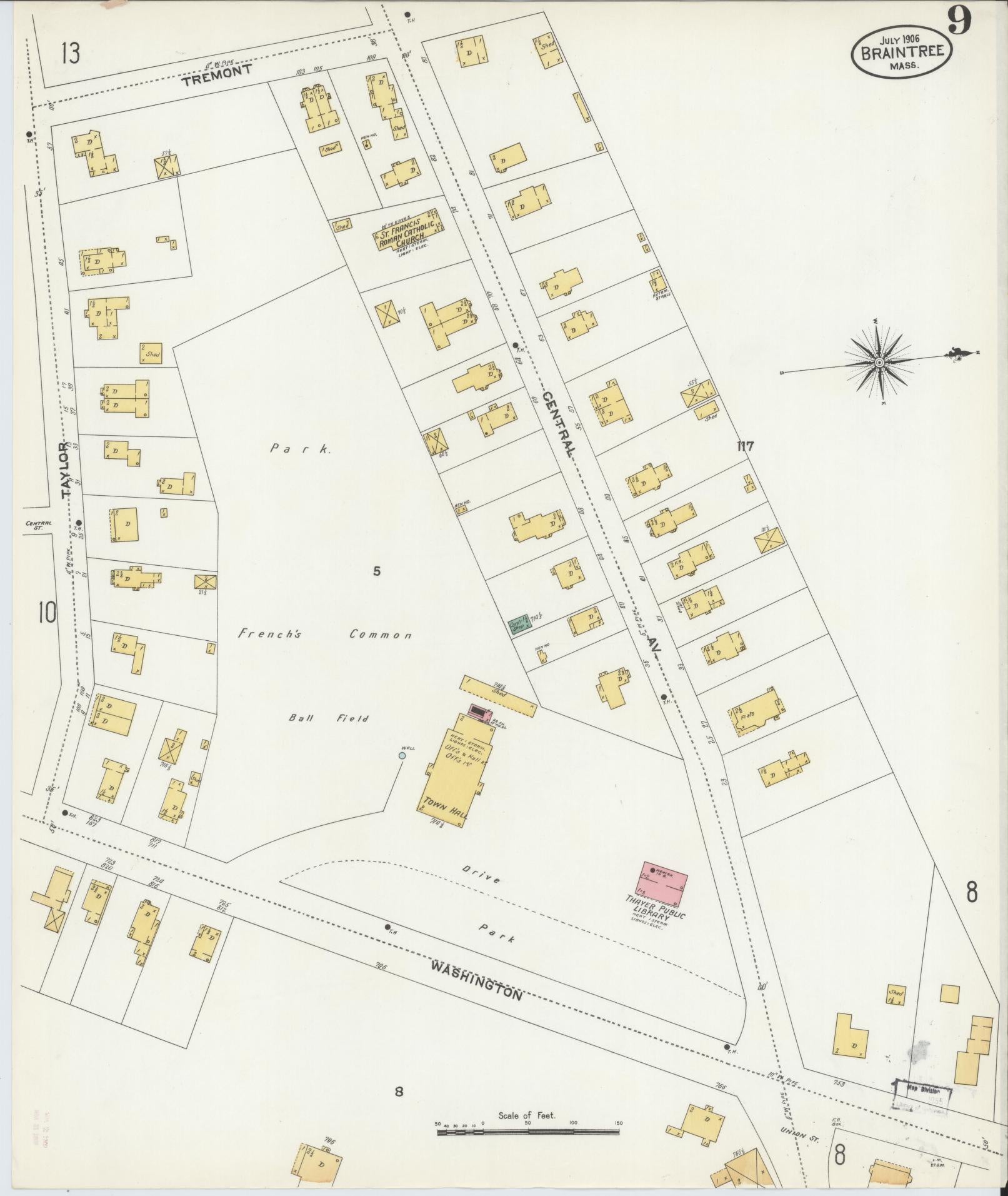 Sanborn Fire Insurance Map from Braintree, Norfolk County, Massachusetts (1906), Sheet #0009 - Historic Sanborn Fire Insurance Map Print, vintage old map wall art, antique decor, genealogy gift, Massachusetts Massachusetts map