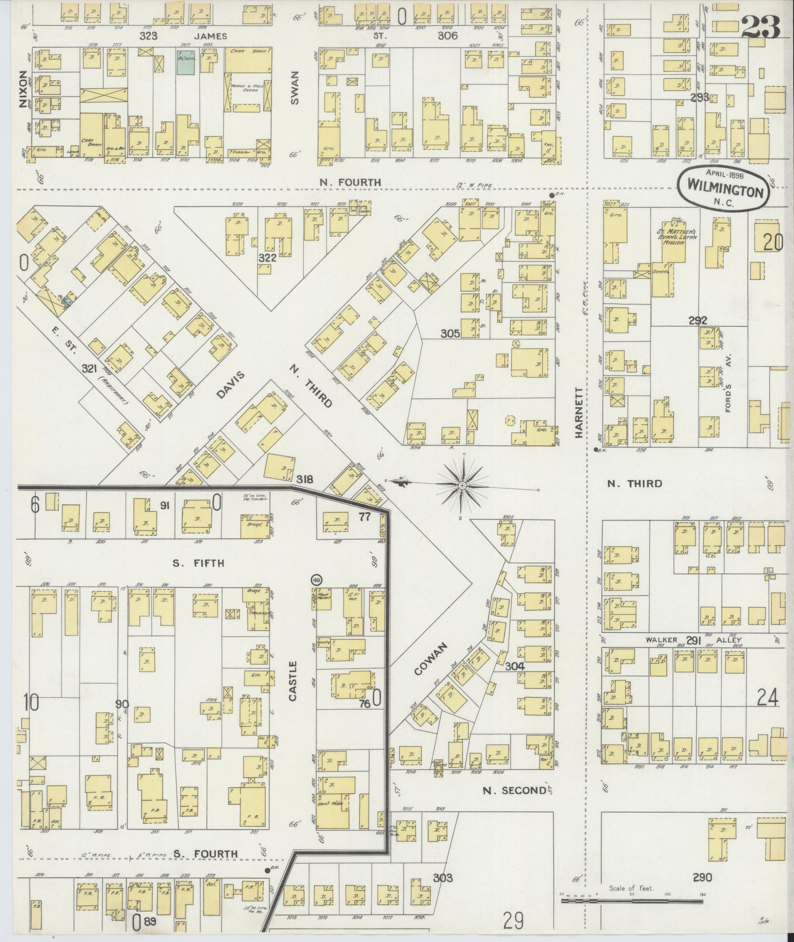 Sanborn Fire Insurance Map from Wilmington, New Hanover County, North Carolina (1898), Sheet #0023 - Historic Sanborn Fire Insurance Map Print, vintage old map wall art, antique decor, genealogy gift, North Carolina North Carolina map
