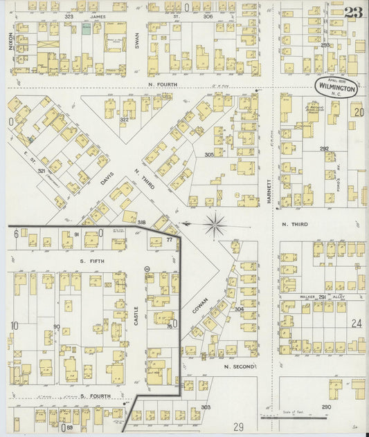 Sanborn Fire Insurance Map from Wilmington, New Hanover County, North Carolina (1898), Sheet #0023 - Historic Sanborn Fire Insurance Map Print, vintage old map wall art, antique decor, genealogy gift, North Carolina North Carolina map