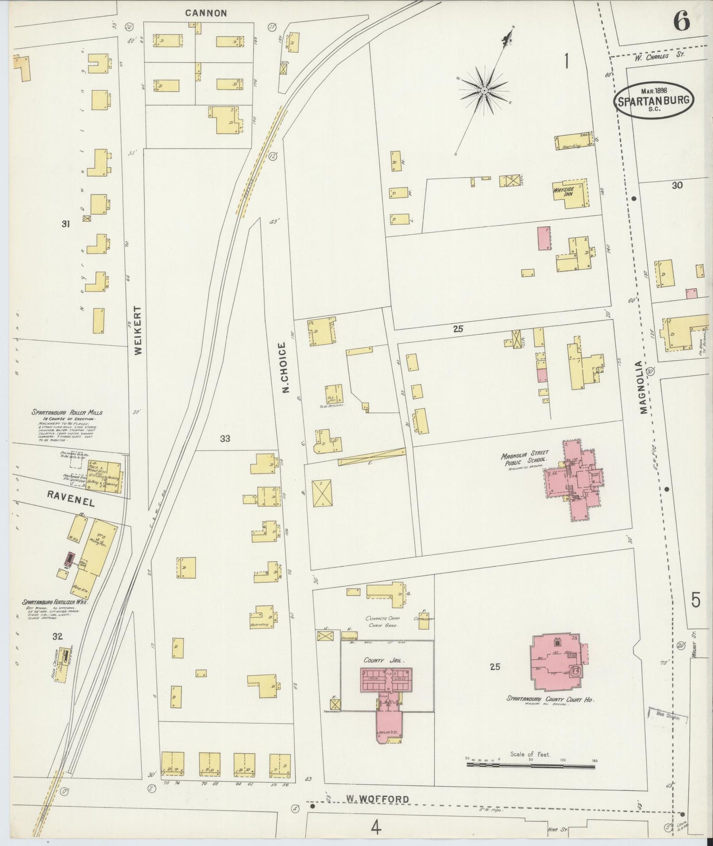 Sanborn Fire Insurance Map from Spartanburg, Spartanburg County, South Carolina (1898), Sheet #0006 - Historic Sanborn Fire Insurance Map Print, vintage old map wall art, antique decor, genealogy gift, South Carolina South Carolina map