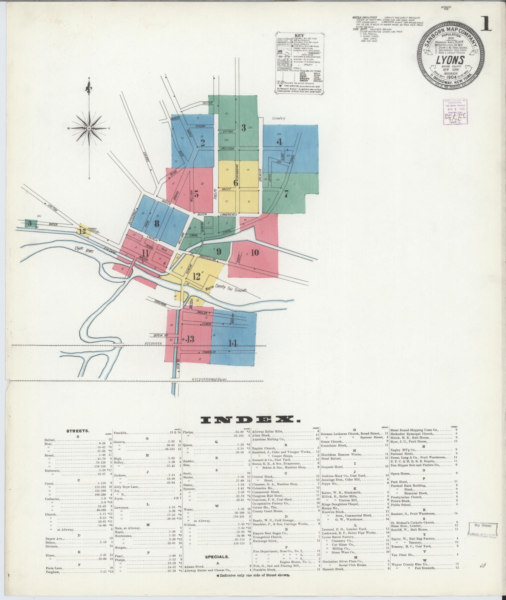 Sanborn Fire Insurance Map from Lyons, Wayne County, New York (1904), Sheet #0001 - Complete Map Set gallery image, historic Sanborn map, vintage wall art, New York New York