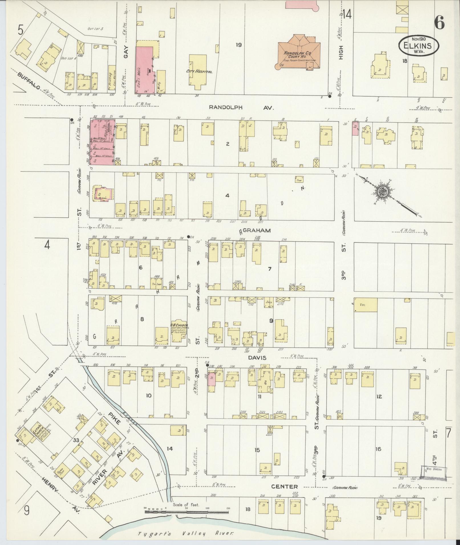 Sanborn Fire Insurance Map from Elkins, Randolph County, West Virginia (1910), Sheet #0006 - Complete Map Set gallery image, historic Sanborn map, vintage wall art, West Virginia West Virginia