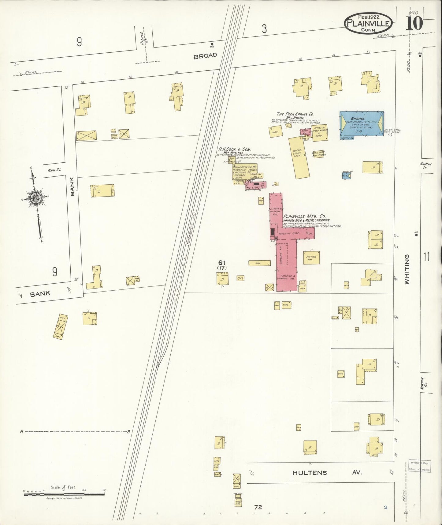 Sanborn Fire Insurance Map from Plainville, Hartford County, Connecticut (1922), Sheet #0010 - Historic Sanborn Fire Insurance Map Print, vintage old map wall art, antique decor, genealogy gift, Connecticut Connecticut map