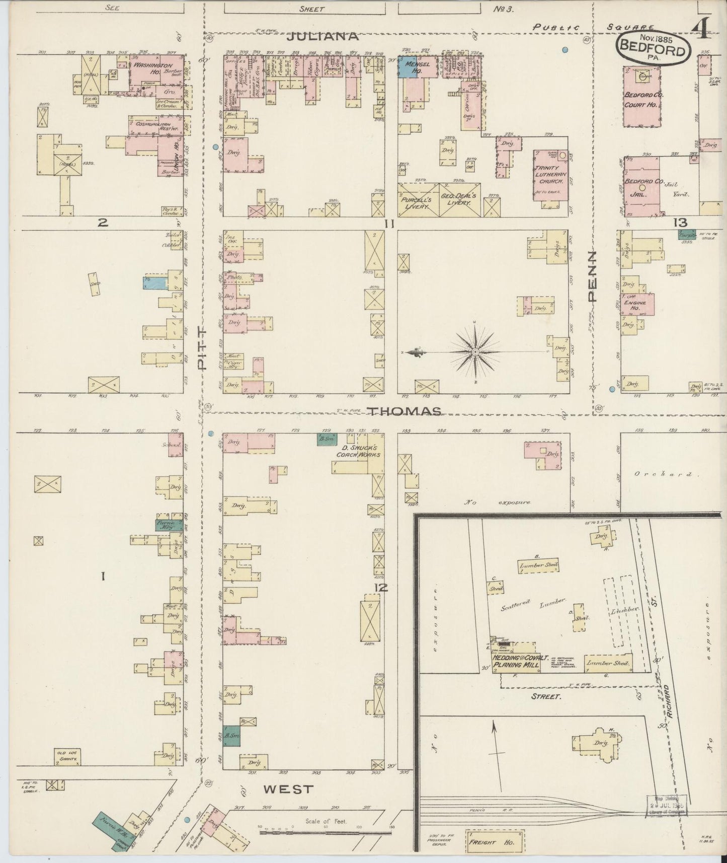 Sanborn Fire Insurance Map from Bedford, Bedford County, Pennsylvania (1885), Sheet #0004 - Historic Sanborn Fire Insurance Map Print, vintage old map wall art, antique decor, genealogy gift, Pennsylvania Pennsylvania map