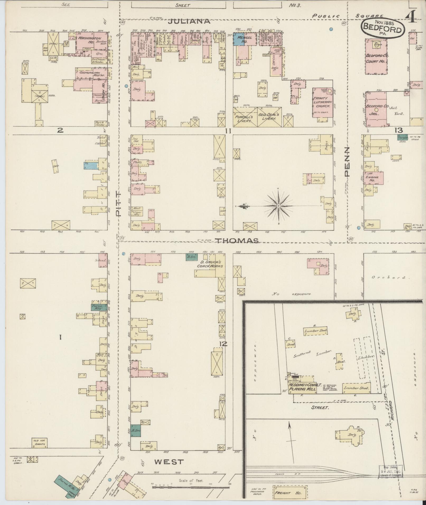 Sanborn Fire Insurance Map from Bedford, Bedford County, Pennsylvania (1885), Sheet #0004 - Historic Sanborn Fire Insurance Map Print, vintage old map wall art, antique decor, genealogy gift, Pennsylvania Pennsylvania map
