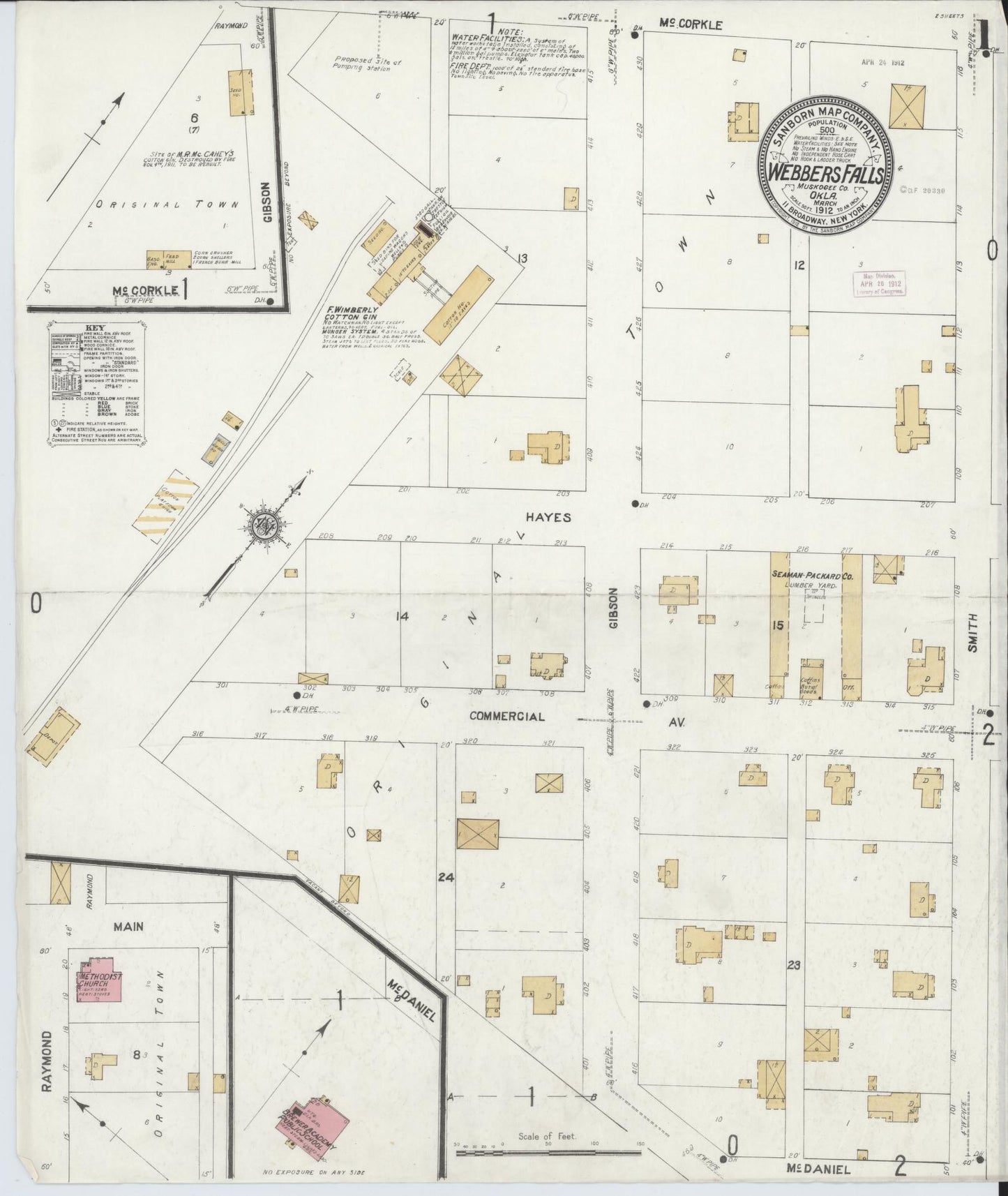 Sanborn Fire Insurance Map from Webbers Falls, Muskogee County, Oklahoma (1912), Sheet #0001 - Historic Sanborn Fire Insurance Map Print, vintage old map wall art, antique decor, genealogy gift, Oklahoma Oklahoma map