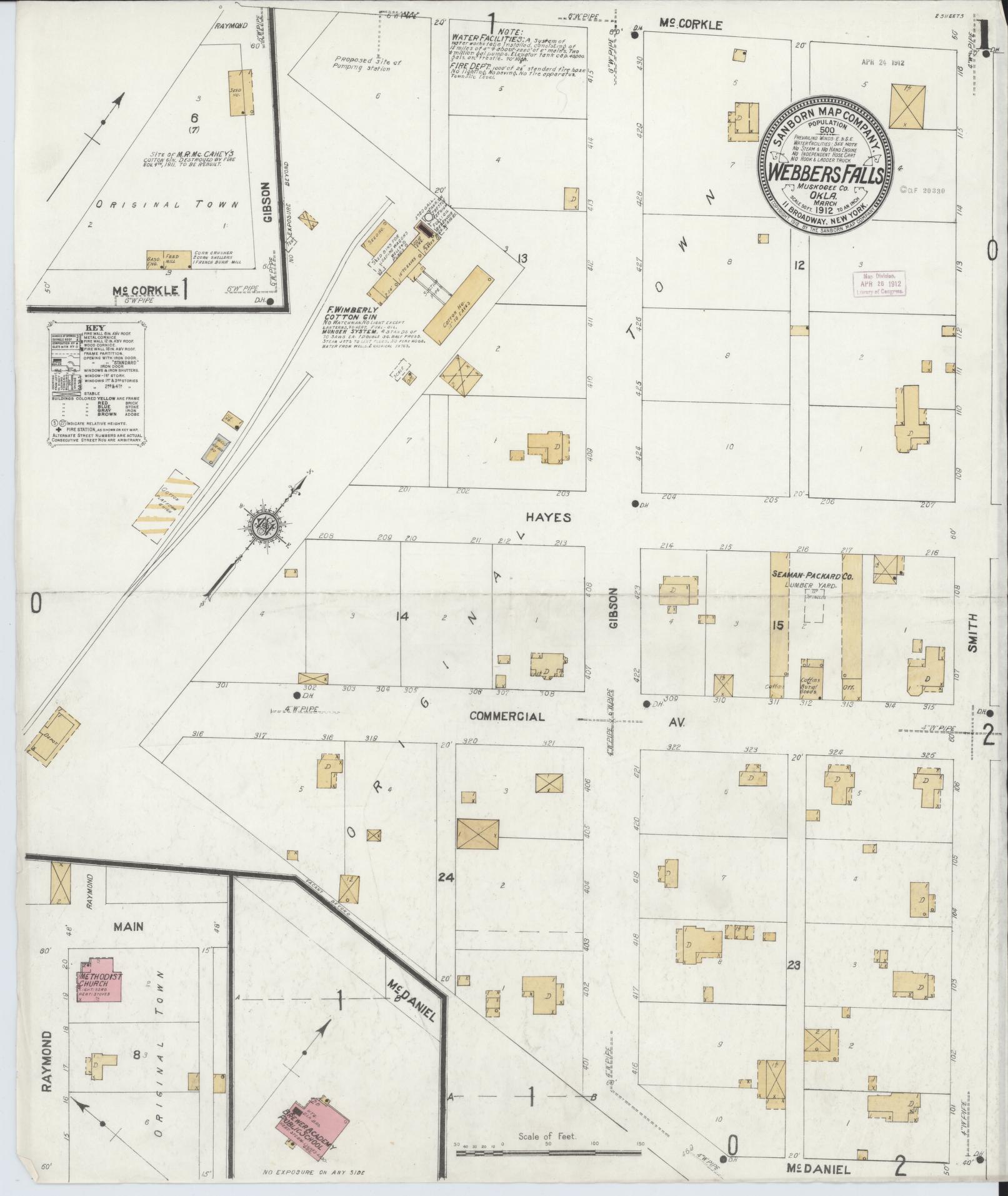 Sanborn Fire Insurance Map from Webbers Falls, Muskogee County, Oklahoma (1912), Sheet #0001 - Historic Sanborn Fire Insurance Map Print, vintage old map wall art, antique decor, genealogy gift, Oklahoma Oklahoma map