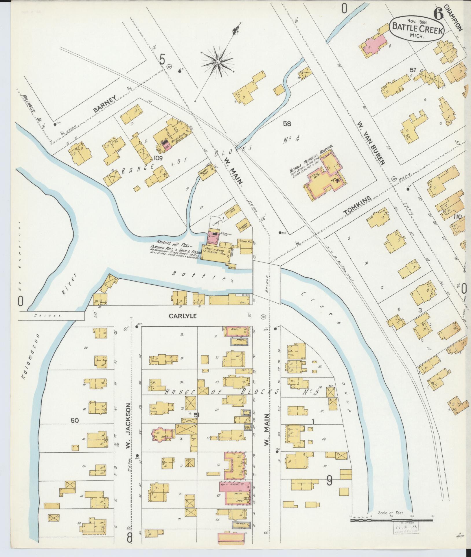 Sanborn Fire Insurance Map from Battle Creek, Calhoun County, Michigan (1899), Sheet #0006 - Historic Sanborn Fire Insurance Map Print, vintage old map wall art, antique decor, genealogy gift, Michigan Michigan map
