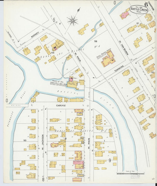 Sanborn Fire Insurance Map from Battle Creek, Calhoun County, Michigan (1899), Sheet #0006 - Historic Sanborn Fire Insurance Map Print, vintage old map wall art, antique decor, genealogy gift, Michigan Michigan map
